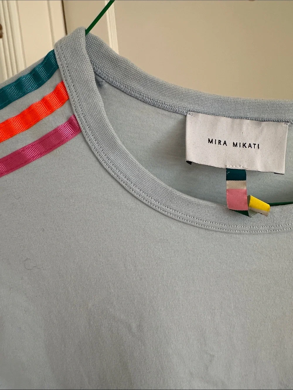 Mira Mikati Light Blue Tee with Teal, Orange & Pink Shoulder Stripes
